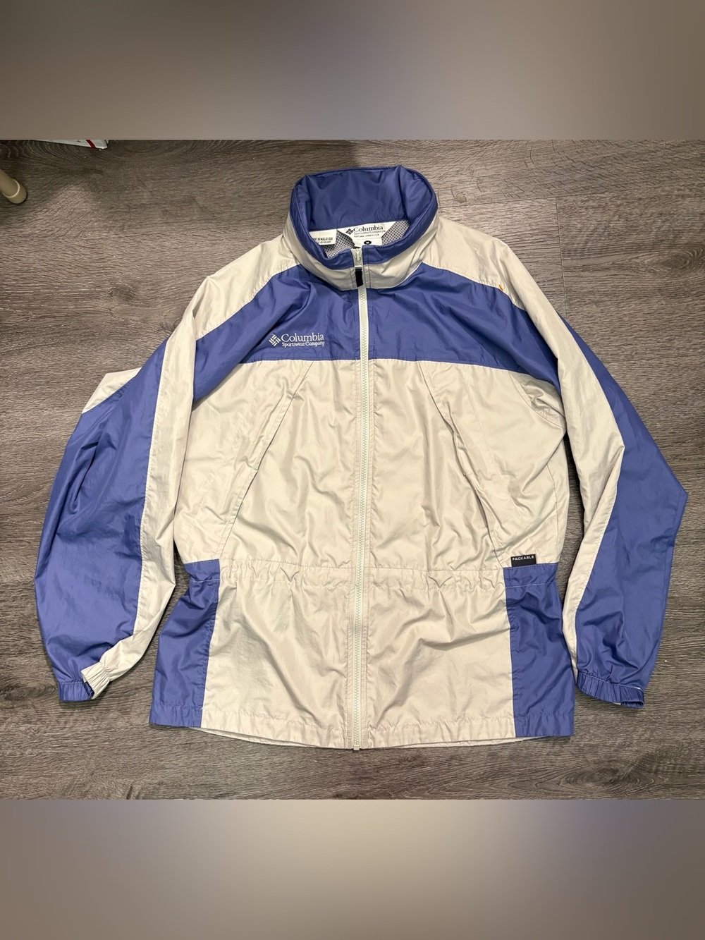VTG Columbia Women’s Medium Windbreaker Jacket Cream Blue Colorblock Packable